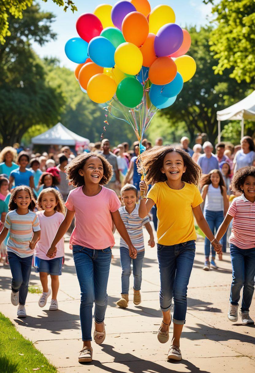 A vibrant community gathering featuring diverse people of all ages joyfully interacting, with colorful balloons and banners symbolizing happiness. In the background, a sunny park with flowers blooming, children playing, and laughter in the air. Highlight the warmth of connection and inclusivity through smiles and shared activities. super-realistic. vibrant colors. soft focus.