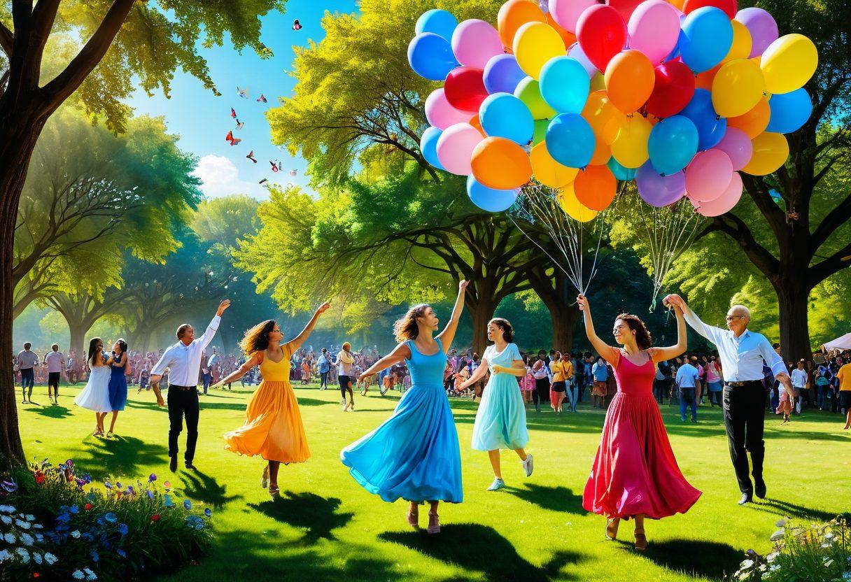 A whimsical scene depicting diverse people joyfully engaging in various light-hearted activities such as dancing, laughing, and sharing stories in a colorful park filled with blooming flowers and soft sunlight. Incorporate playful elements like balloons and butterflies to enhance the cheerful atmosphere. super-realistic. vibrant colors. bright blue sky.